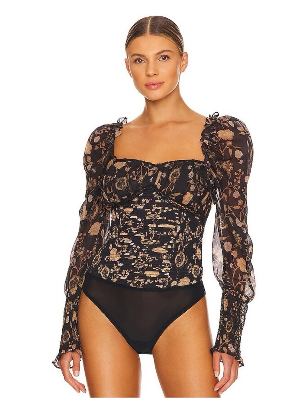 Free People Black Floral Square-Neck Long-Sleeve Bodysuit